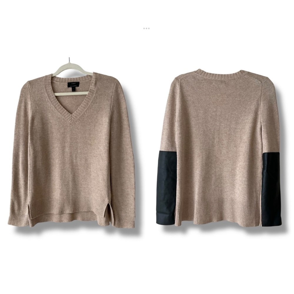 J. Crew V-Neck Wool and Cashmere Blend Sweater Leather Panels in Camel Size XS